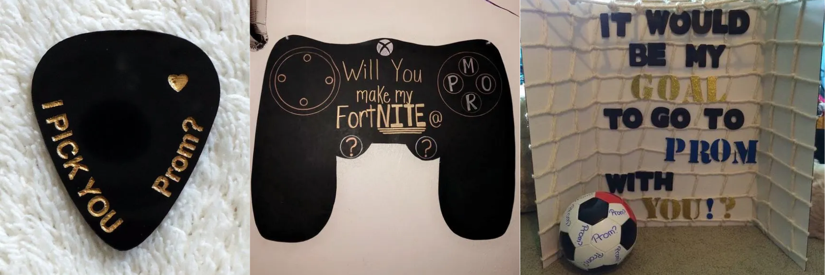 A guitar pick, an X-Box game controller, and a soccer ball.